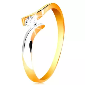 Zlatý prsten 585 - kulatý čirý zirkon, dvoubarevná a zvlněná ramena - Velikost: 50