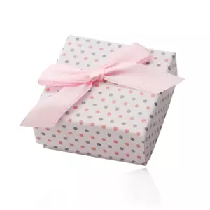 Bílá dárková krabička na prsteny nebo náušnice, růžové a šedé tečky, mašlička